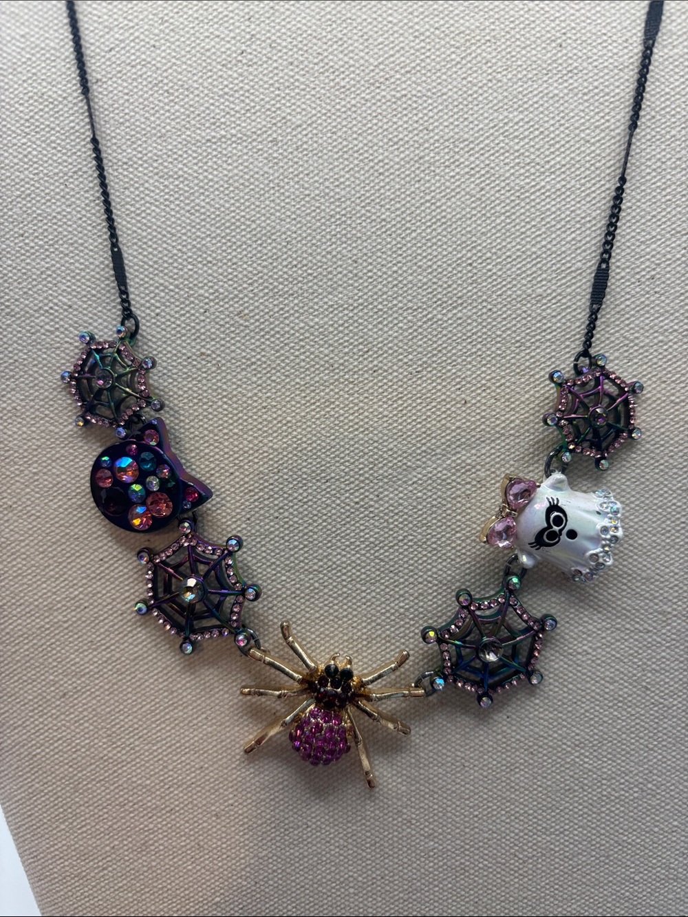 Betsey Johnson Halloween Charm 16” Necklace Bejeweled Ghost Cat Spider Web NWT